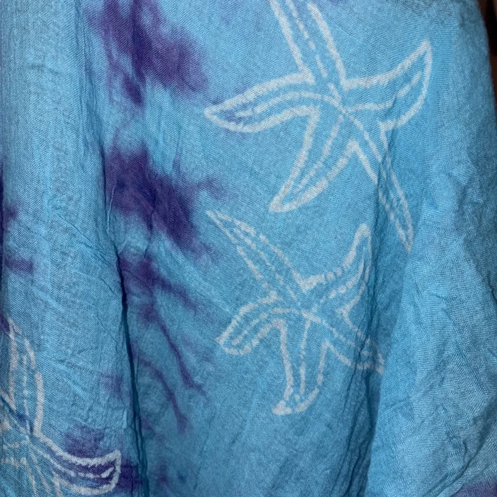 Vintage Sarong 90s Hand dyed Beach Wrap Boho Starfish‎ Ocean Motif Minor Flaws